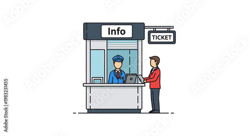 Man buys ticket from information booth attendant in travel station.