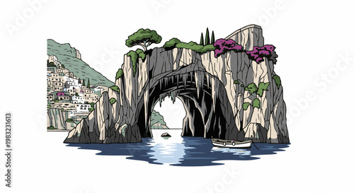 Cliffside village and sea cave with boat