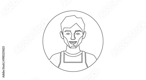 A smiling man wearing apron illustrated in a circular frame