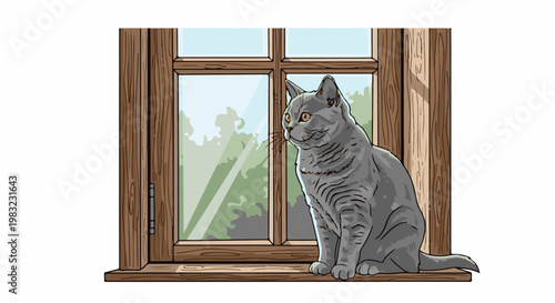 Grey cat sits on windowsill looking out at green trees
