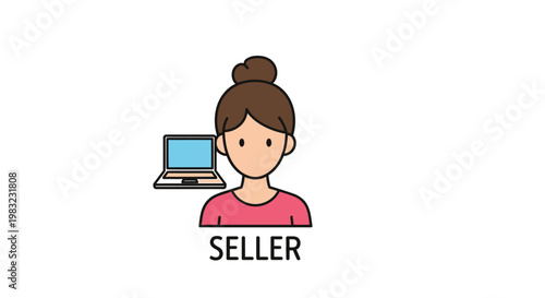 A woman seller sits at a laptop computer terminal.