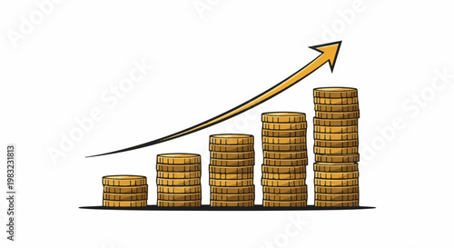 Stacks of coins arranged in ascending order with an upward trending arrow