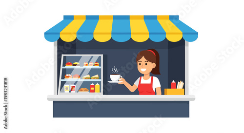 A woman serves food from a colorful outdoor food stand