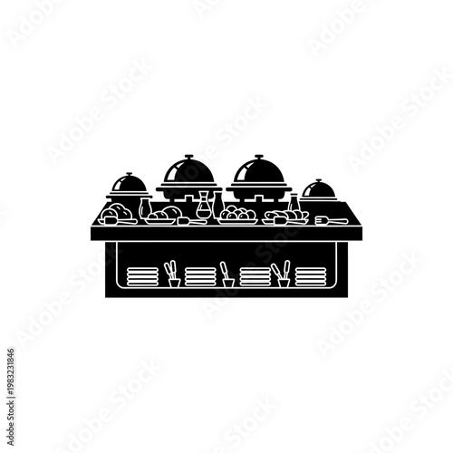Buffet station with catering trays and food service equipment for large events.