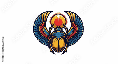 Stylized ancient Egyptian winged scarab beetle pushing a sun disk