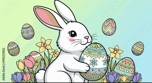 A white bunny with pink ears holds a decorated Easter egg amidst colorful flowers