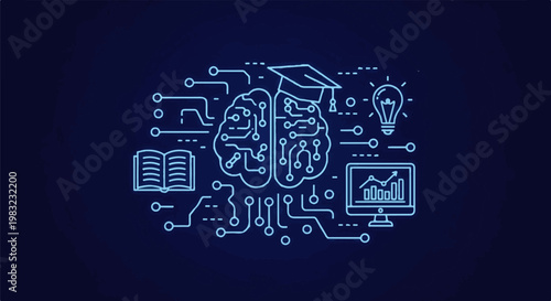 Futuristic blue circuit board brain with graduation cap, book, and computer monitor
