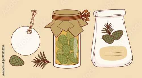 Handmade Forest Food  Set. Young Green Pine Cones In Golden Syrup. Glass Jar Coniferous Elixir, Coniferous Tea Bag With Blank Label Tag. Vector Illustration. Isolated Eco Harvest Gift Folk Medicine.