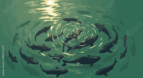 A school of dark fish circle a diver beneath dappled sunlight on the water's surface