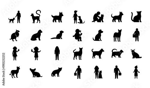People and Animals Black Silhouette Vector Set Human Figures and Wildlife Icon Collection Minimal Design