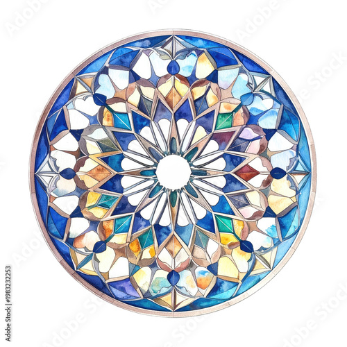 A detailed watercolor illustration of a circular stained glass window with intricate geometric patterns