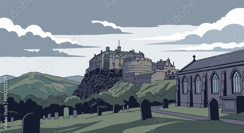 A pixel art landscape featuring a historic castle on a hill, a church, and a cemetery