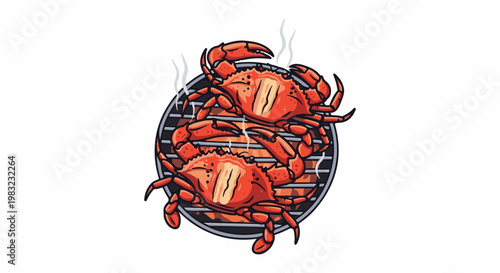 Two red crabs cooking on a grill with steam rising