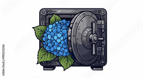 Metal safe overflowing with vibrant blue hydrangeas and green leaves