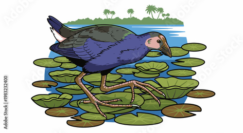 Purple bird wading through lily pads on a tropical lake