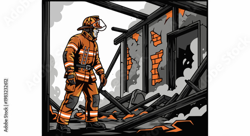 Firefighter surveys a damaged building interior, smoke swirls around debris