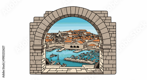 Old stone archway frames a picturesque seaside town with a bustling harbor and azure waters
