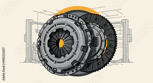 Stylized illustration of a car clutch and pressure plate on a car lift