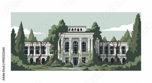Overgrown abandoned mansion with broken windows and lush foliage