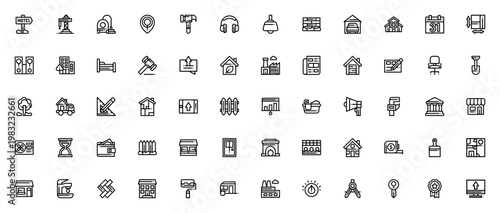Real Assets icon set. Vector collection of maps, tools, real estate, industrial objects, and household items for design projects.