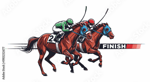 Two horses with jockeys race neck and neck toward the finish line