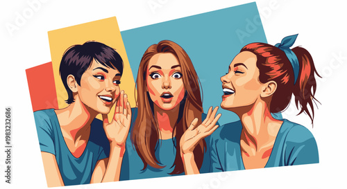 Three animated women sharing secrets and laughter, bright colors
