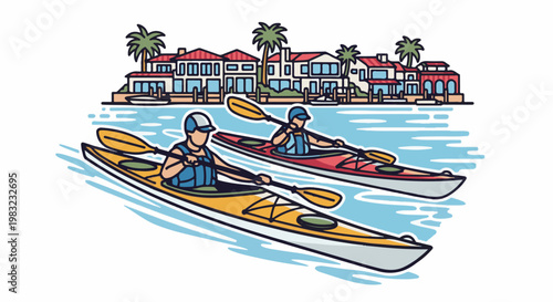 Two people paddle kayaks on the water near waterfront homes