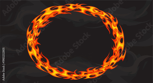 Fiery circular frame against a dark, smoky background