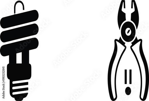 Industrial Hardware and Energy Saving Light Bulb Icon Set Featuring Pliers Tool and Spiral Fluorescent Lamp for Electrician Services and Maintenance Work