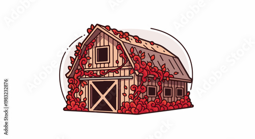Wooden barn with red vines and leaves encircling it