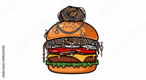 Elaborate burger topped with spaghetti and dripping with jewelry, detailed and fun