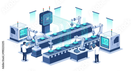 Isometric illustration of automated robotic arms assembling components on a conveyor belt in a modern factory setting, showcasing advanced manufacturing technology with a clean, bright
