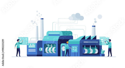 A flat vector illustration of two workers operating industrial machinery with pipes and smoke stacks against a white background, featuring a dominant color palette of blues and grays