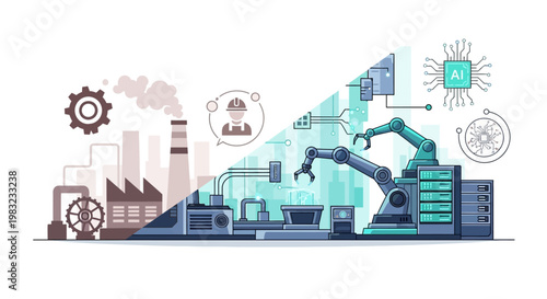 Illustrated factory automation concept featuring a robotic arm assembling parts with digital interfaces overlayed on a production line, set against a clean white background with a cool