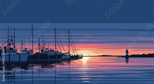 Boats moored at a harbor with a lighthouse at sunset over the water