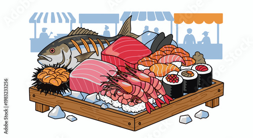Assortment of fresh seafood, including fish, shrimp, sushi, and sea urchin