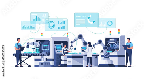 A team of workers operate robotic arms and monitor digital displays in a modern factory setting, with complex machinery and a clean, white background conveying an industrial