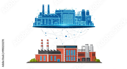 Vector illustration showcasing two factories, one depicted in vibrant red brick and the other in a translucent blue line drawing, connected by a network against a clean white background