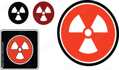 Nuclear Radiation Warning Icon Set Featuring Trefoil Hazard Symbols in Round and Square Frames for Industrial Safety Signs Power Plant Alerts and Toxic Waste Labeling