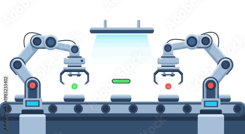 Overhead view showcases two robotic arms carefully placing components onto a conveyor belt in a brightly lit factory, rendered in a clean, minimalist cartoon style with a focus