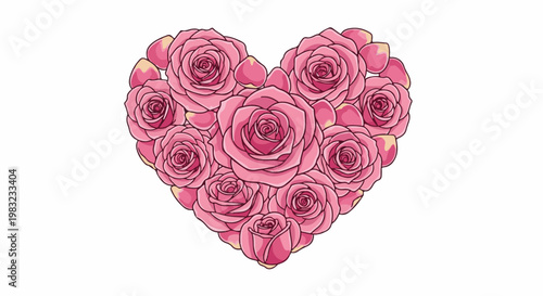 A heart-shaped arrangement of pink roses and petals
