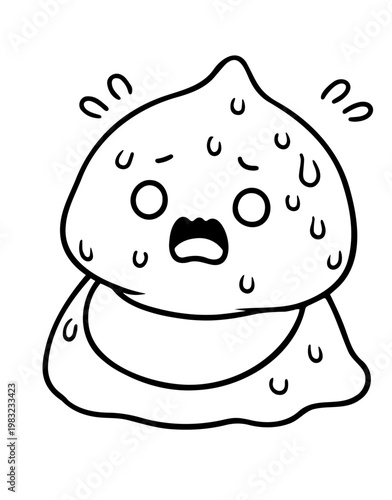 Panicked Slime Character Sweating Profusely, Nervous and Surprised Expression, Black and White Vector