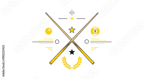 Billiard Game Symbols: Crossed Cues, 8 Ball, Stars, Laurel Wreath