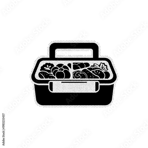 Healthy lunch box filled with fresh vegetables and fruits, dotted outline.