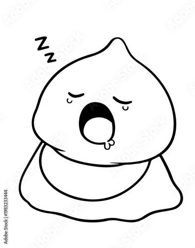Funny sleeping slime character with open mouth, black and white line art