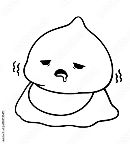 Sick and trembling cute slime character illustration, black and white line art