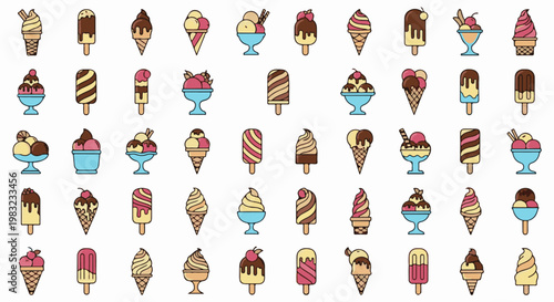 A colorful assortment of pixelated ice cream treats in various cones and cups