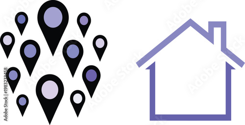 Real Estate Navigation Icon Set Featuring Purple House Outline and Multiple Map Pin Location Symbols for Property Search Navigation and Neighborhood Tracking Applications