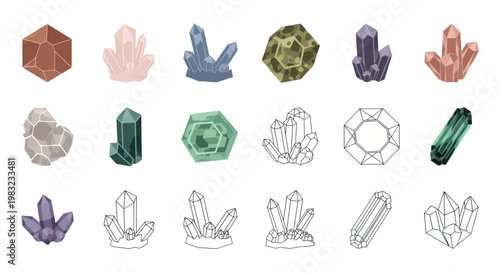 Collection of diverse gemstones and crystals, hand-drawn vector illustrations.