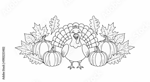 A cheerful turkey is surrounded by pumpkins and autumn leaves, ready for harvest